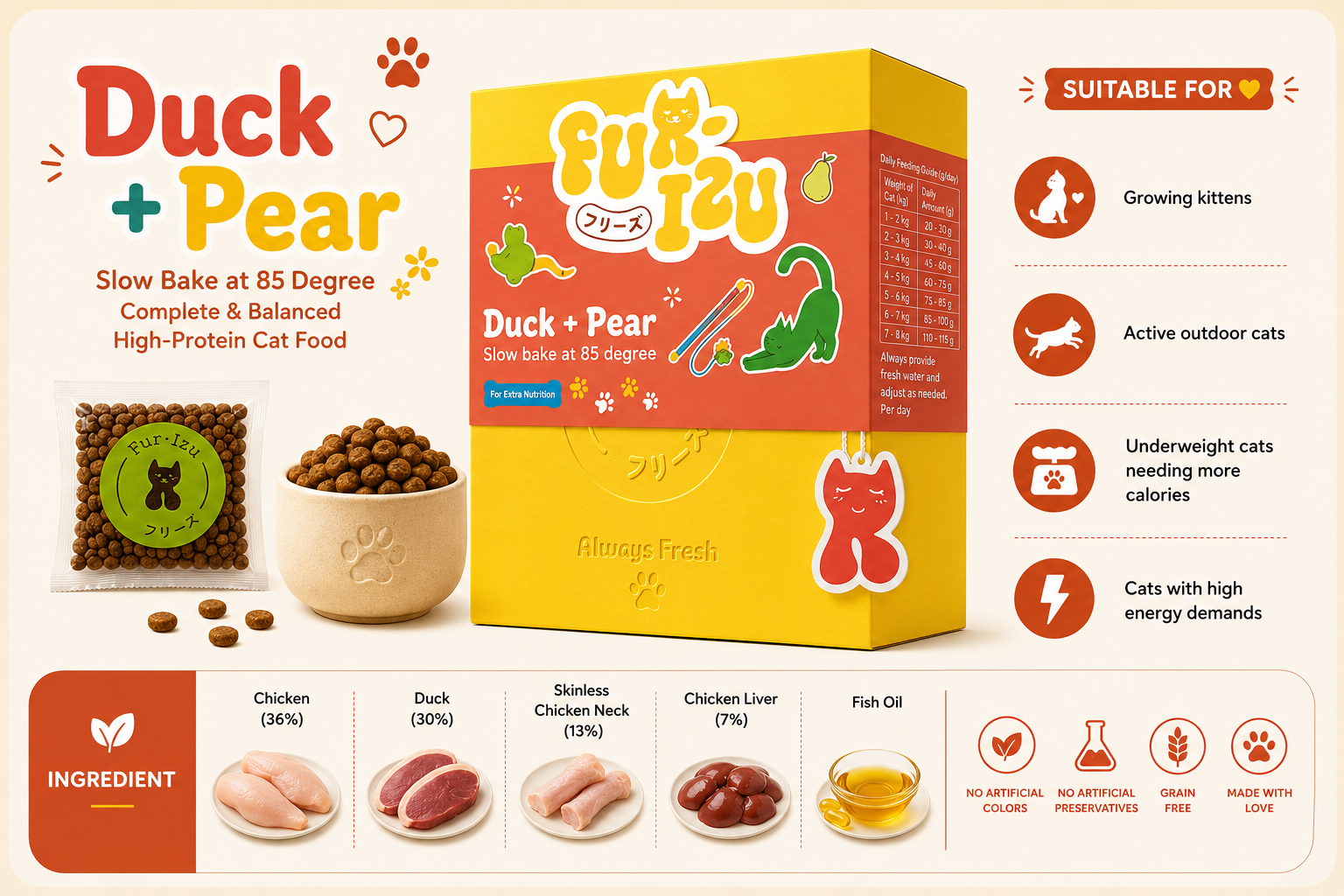 CAT KIBBLE 1KG - Slow-baked Duck & Pear - Super Premium Cat Food Hairball Skin Coat Immunity digestion support 低温烘培猫粮