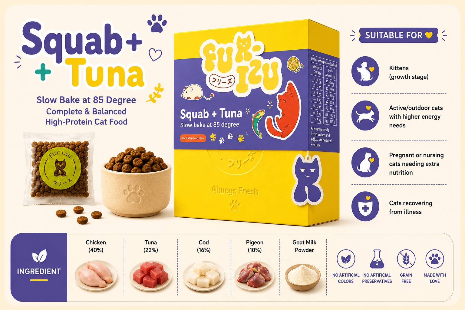 CAT KIBBLE 1KG - Slow-baked Squab & Tuna - Super Premium Cat Food Bone Heart Vision Immunity digestion support 低温烘培猫粮
